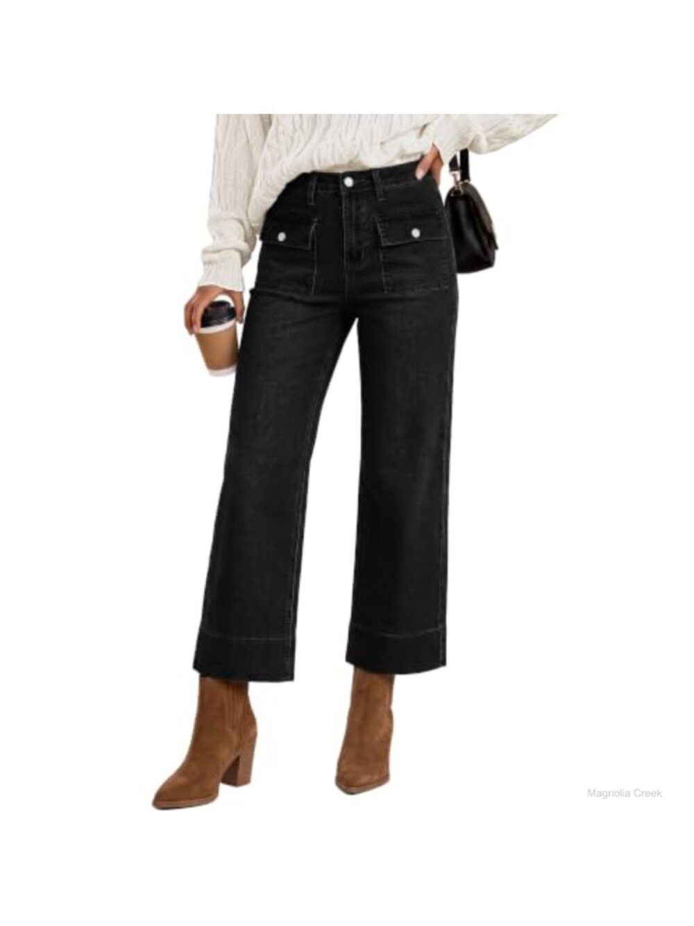 Wide Leg High Waisted Cropped Stretchy Denim Jeans Patch Pockets